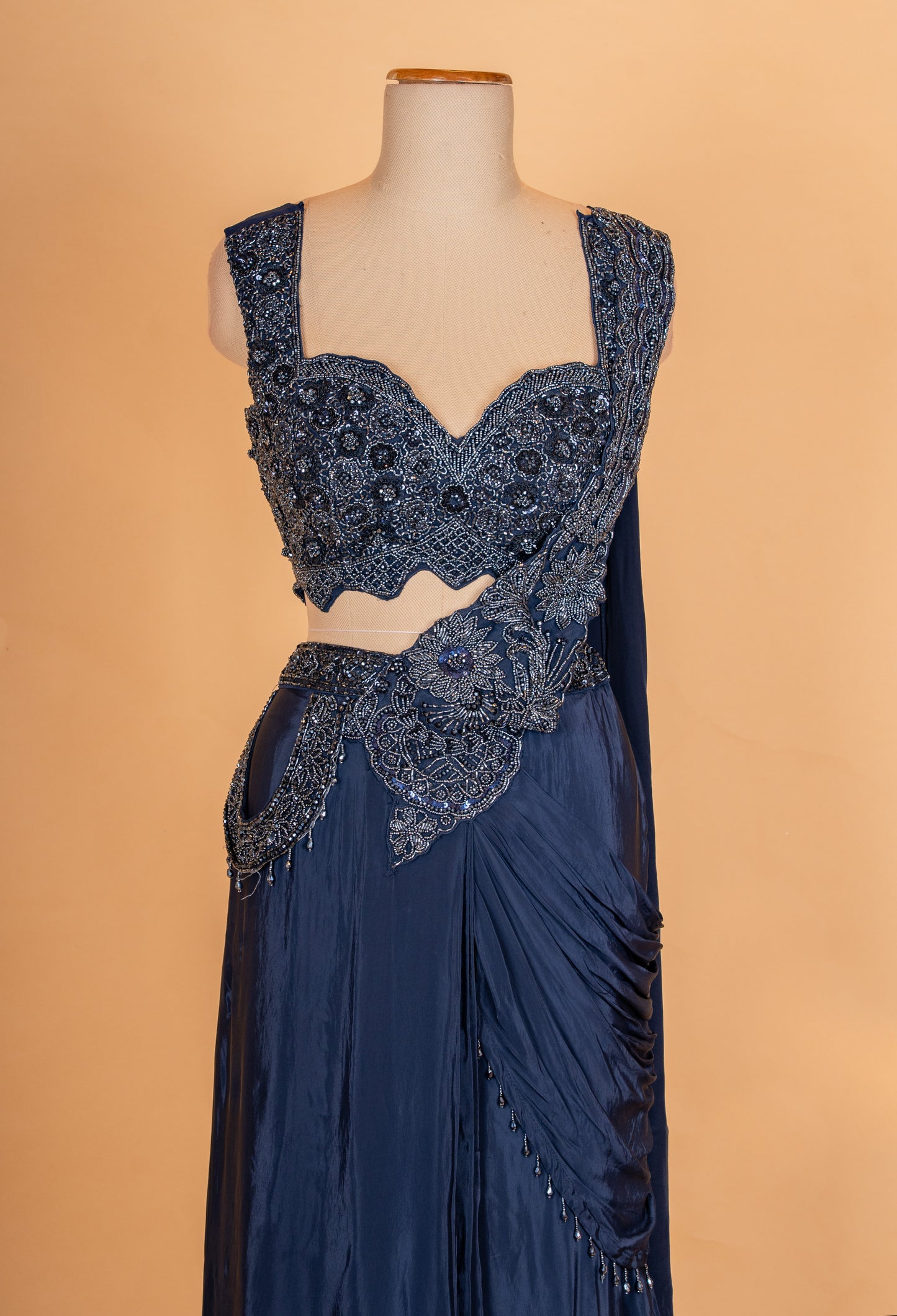 Navy Blue Pre-Draped Saree with Embellished Blouse – Designer Cocktail & Evening Wear