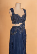 Navy Blue Pre-Draped Saree with Embellished Blouse – Designer Cocktail & Evening Wear