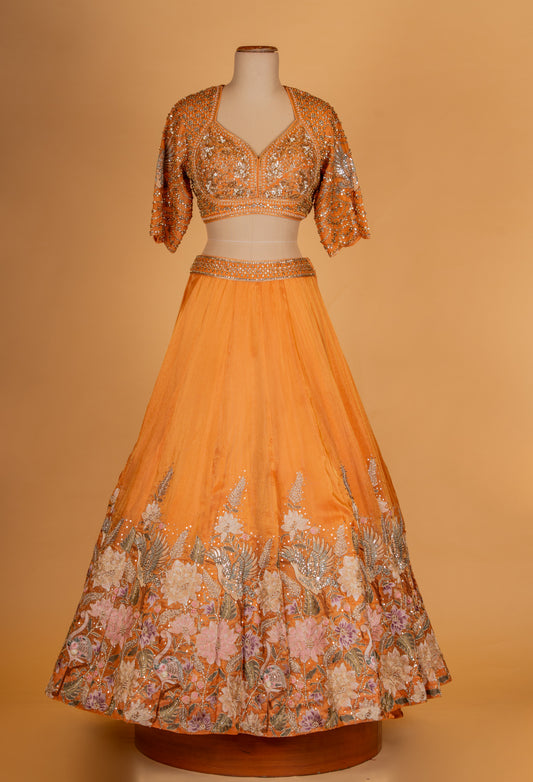 Mustard Orange Floral Embroidered Lehenga Choli with Dupatta – Designer Wedding & Festive Wear for Women - view 2