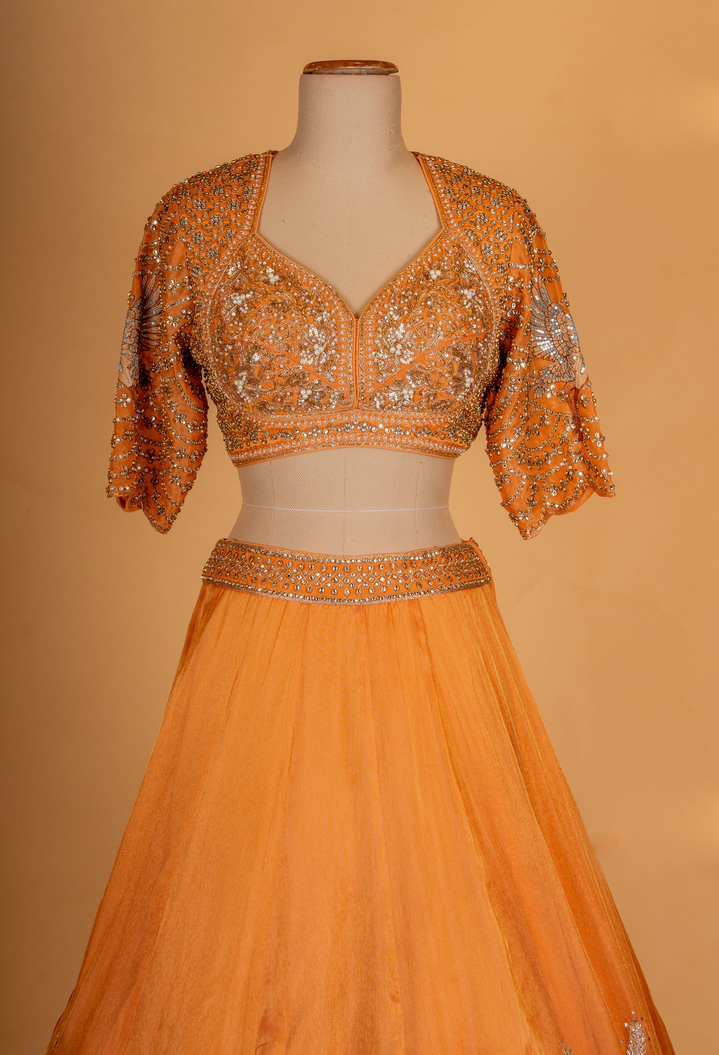 Mustard Orange Floral Embroidered Lehenga Choli with Dupatta – Designer Wedding & Festive Wear for Women