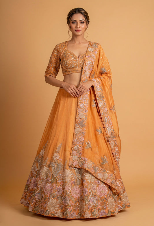 Mustard Orange Floral Embroidered Lehenga Choli with Dupatta – Designer Wedding & Festive Wear for Women