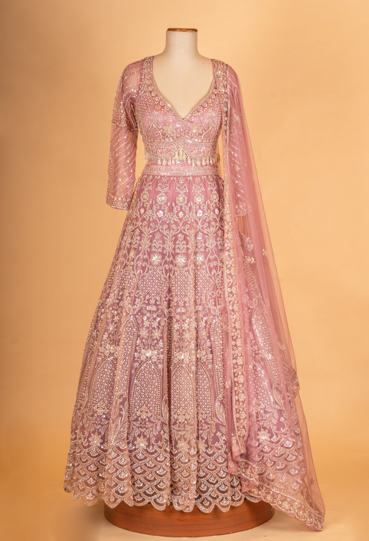 Dusty Rose Pink Embroidered Lehenga Choli with Net Dupatta – Designer Wedding & Festive Wear for Women