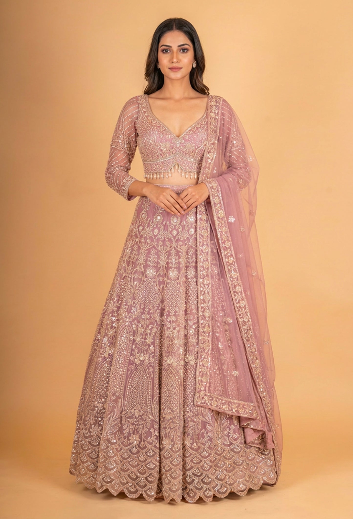 Dusty Rose Pink Embroidered Lehenga Choli with Net Dupatta – Designer Wedding & Festive Wear for Women
