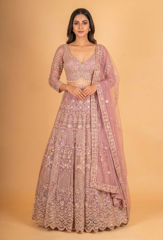 Dusty Rose Pink Embroidered Lehenga Choli with Net Dupatta – Designer Wedding & Festive Wear for Women