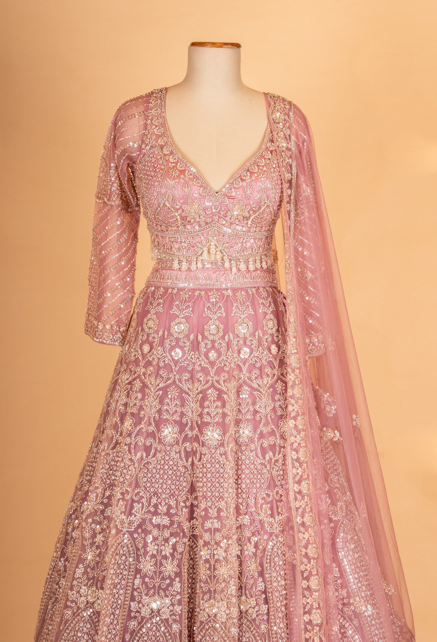 Dusty Rose Pink Embroidered Lehenga Choli with Net Dupatta – Designer Wedding & Festive Wear for Women
