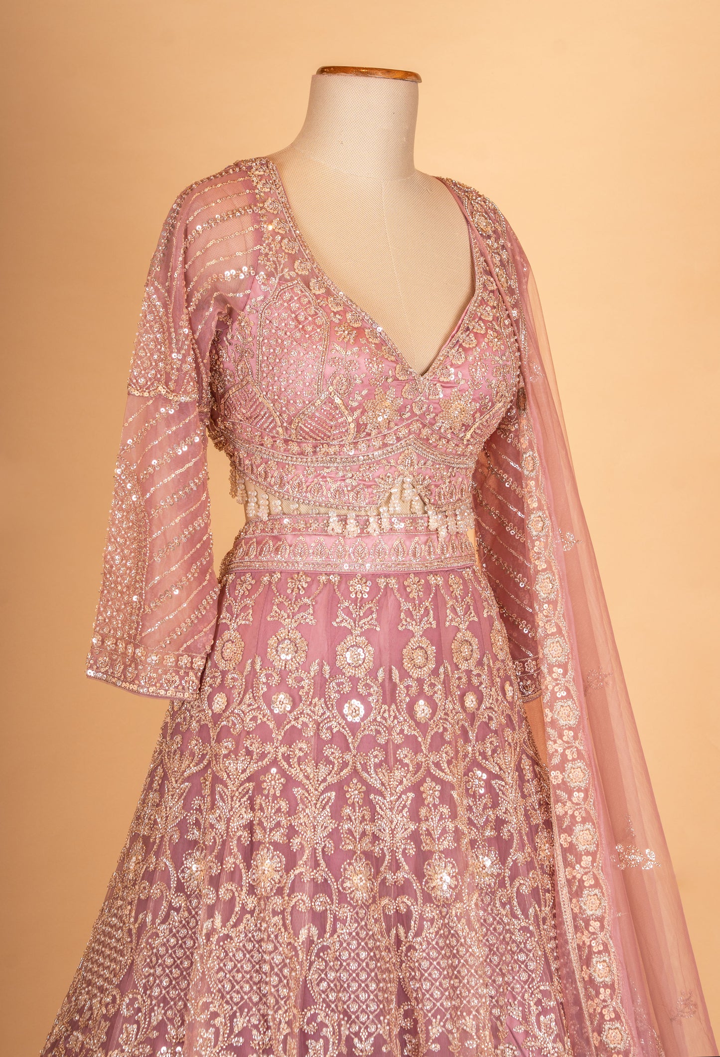 Dusty Rose Pink Embroidered Lehenga Choli with Net Dupatta – Designer Wedding & Festive Wear for Women