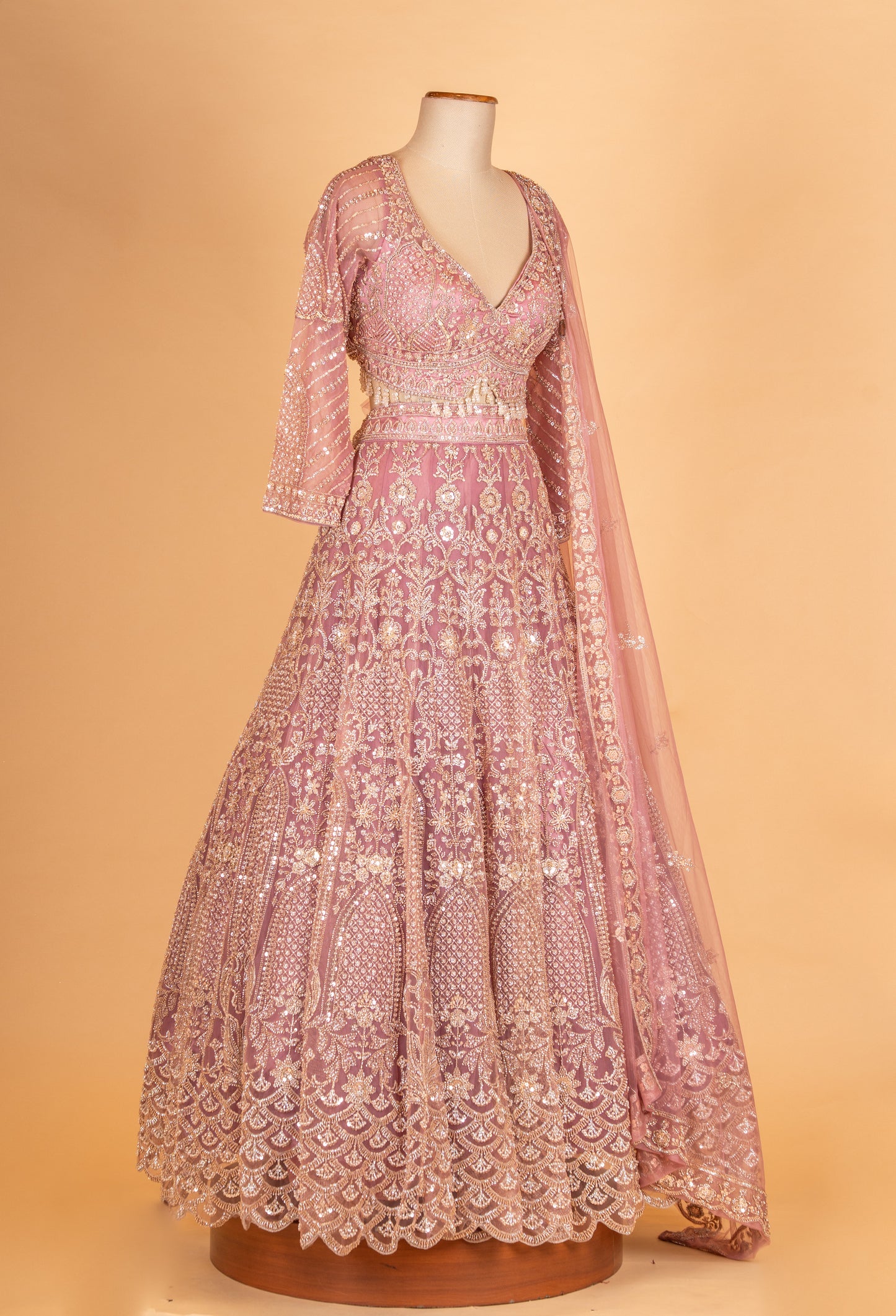 Dusty Rose Pink Embroidered Lehenga Choli with Net Dupatta – Designer Wedding & Festive Wear for Women