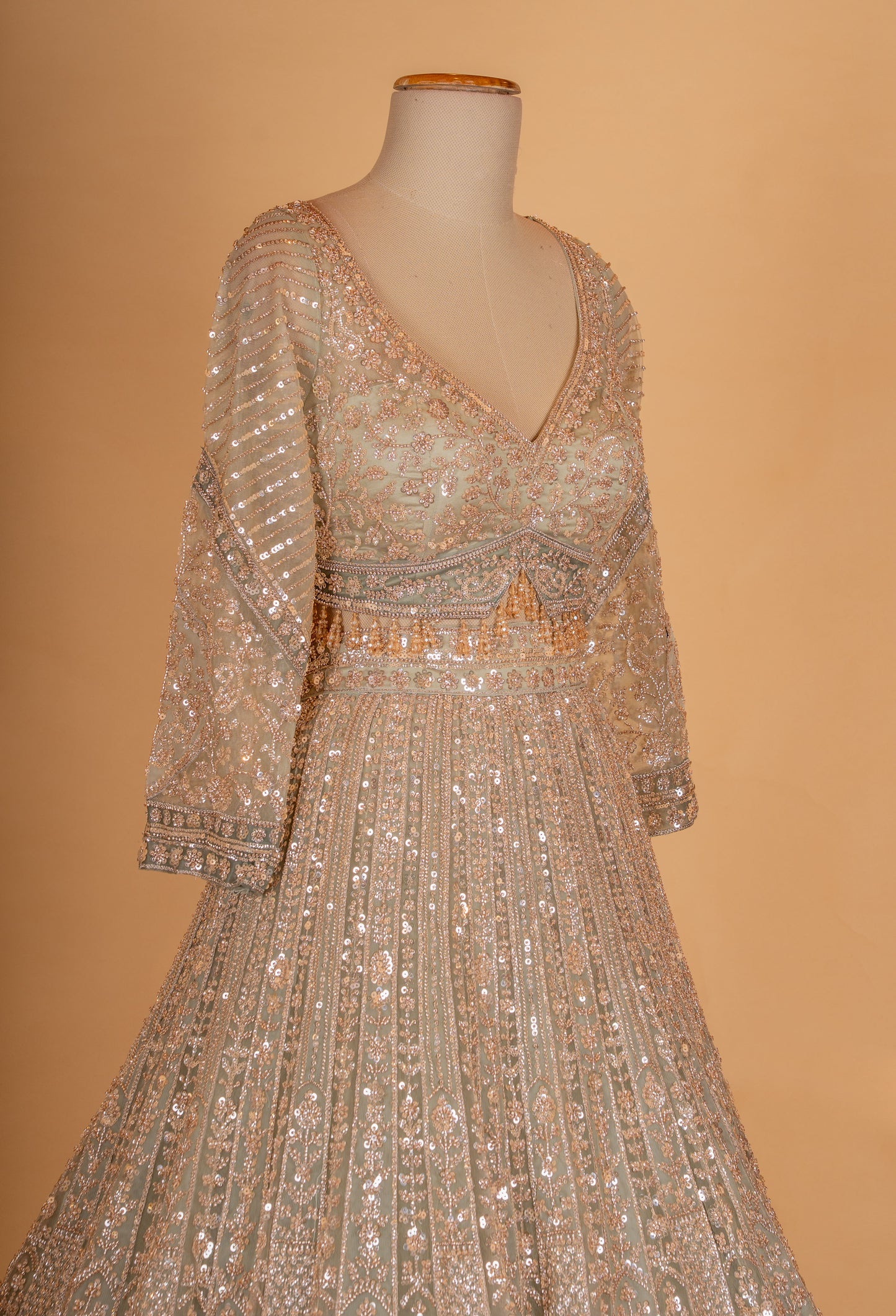 " Sage Green Sequin Embroidered Lehenga Choli with Net Dupatta – Designer Wedding & Festive Wear for Women"