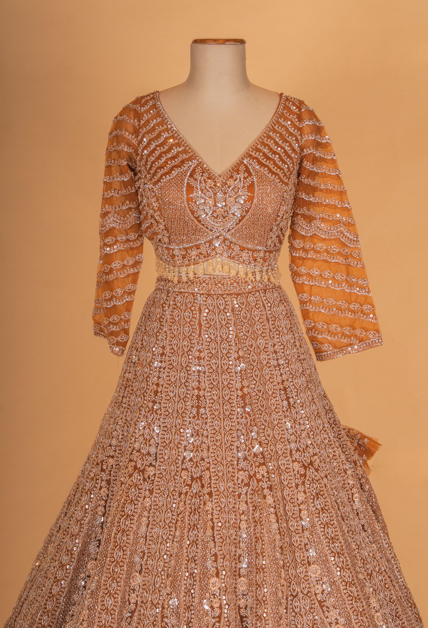 Copper Gold Sequin Embroidered Lehenga Choli with Net Dupatta – Designer Wedding & Festive Wear for Women