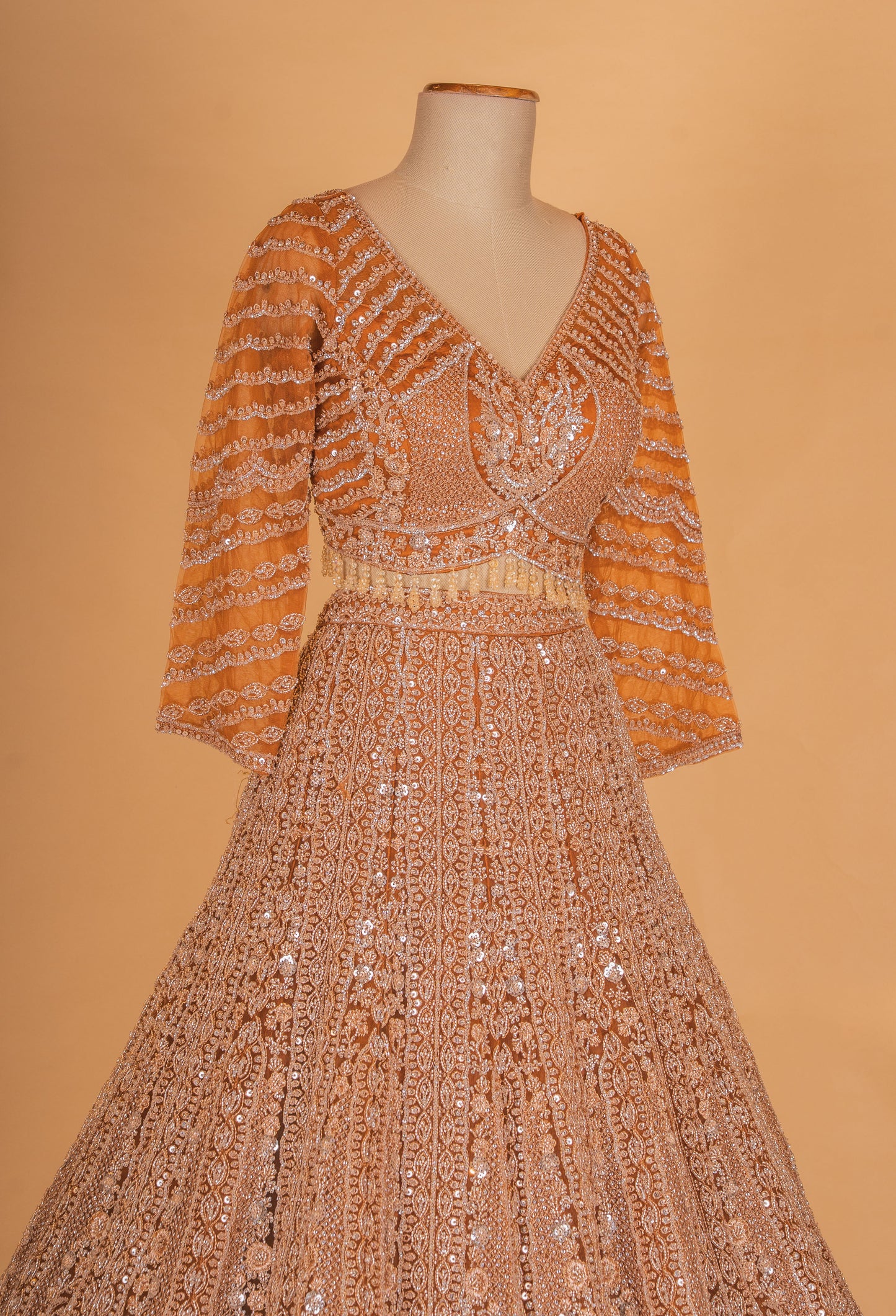 Copper Gold Sequin Embroidered Lehenga Choli with Net Dupatta – Designer Wedding & Festive Wear for Women