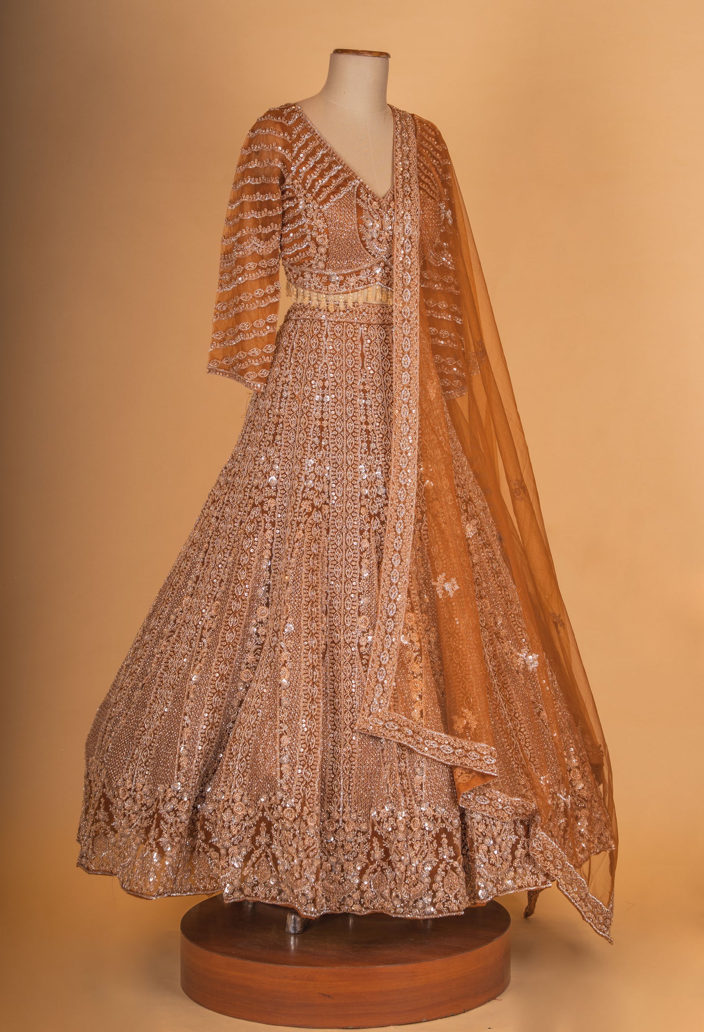 Copper Gold Sequin Embroidered Lehenga Choli with Net Dupatta – Designer Wedding & Festive Wear for Women