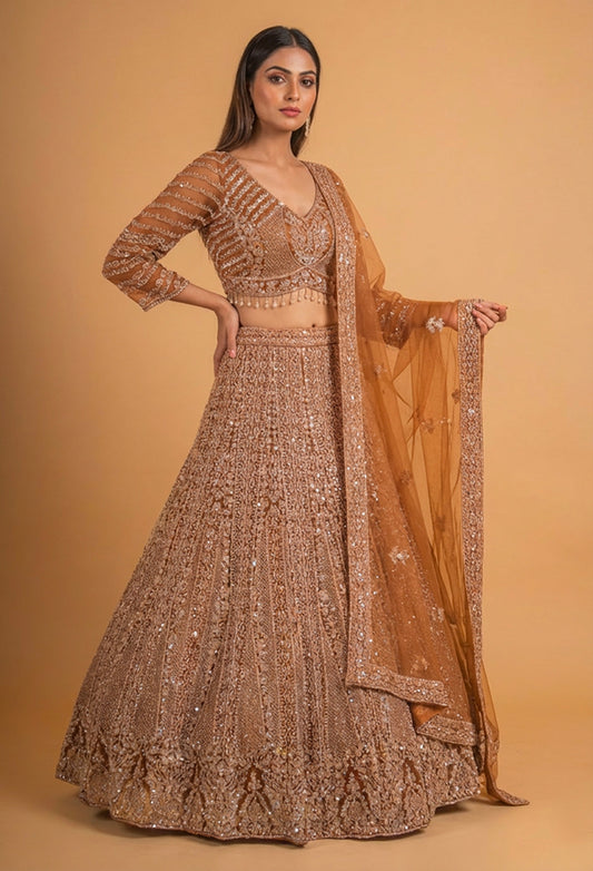 Copper Gold Sequin Embroidered Lehenga Choli with Net Dupatta – Designer Wedding & Festive Wear for Women