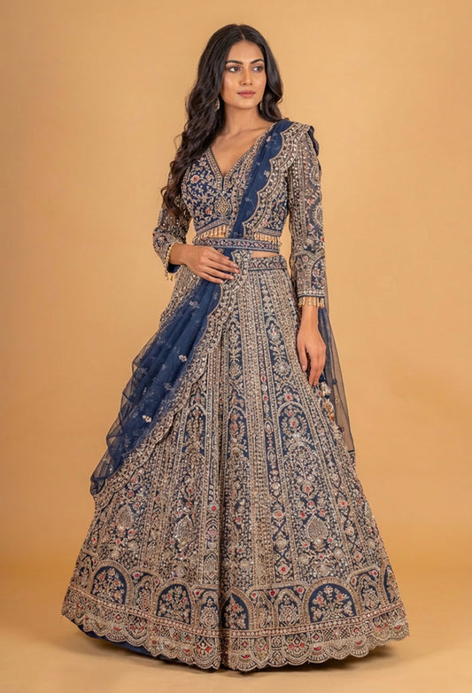 Navy Blue Heavy Embroidered Lehenga Choli with Net Dupatta – Designer Wedding & Festive Wear for Women