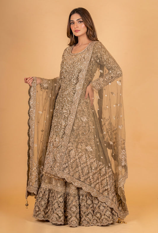 Champagne Gold Embroidered Sharara Set with Net Dupatta – Luxury Wedding & Festive Ethnic Wear for Women