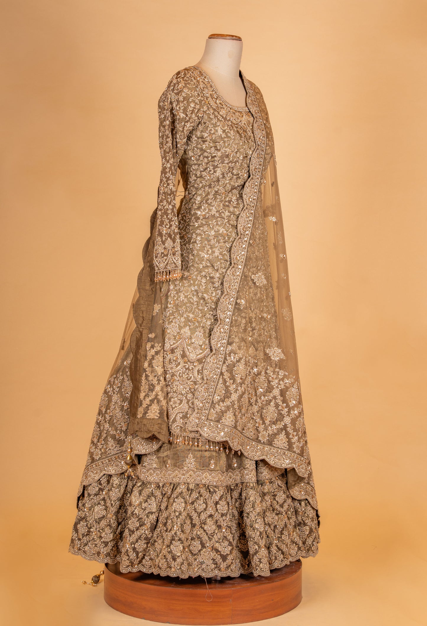 Champagne Gold Embroidered Sharara Set with Net Dupatta – Luxury Wedding & Festive Ethnic Wear for Women