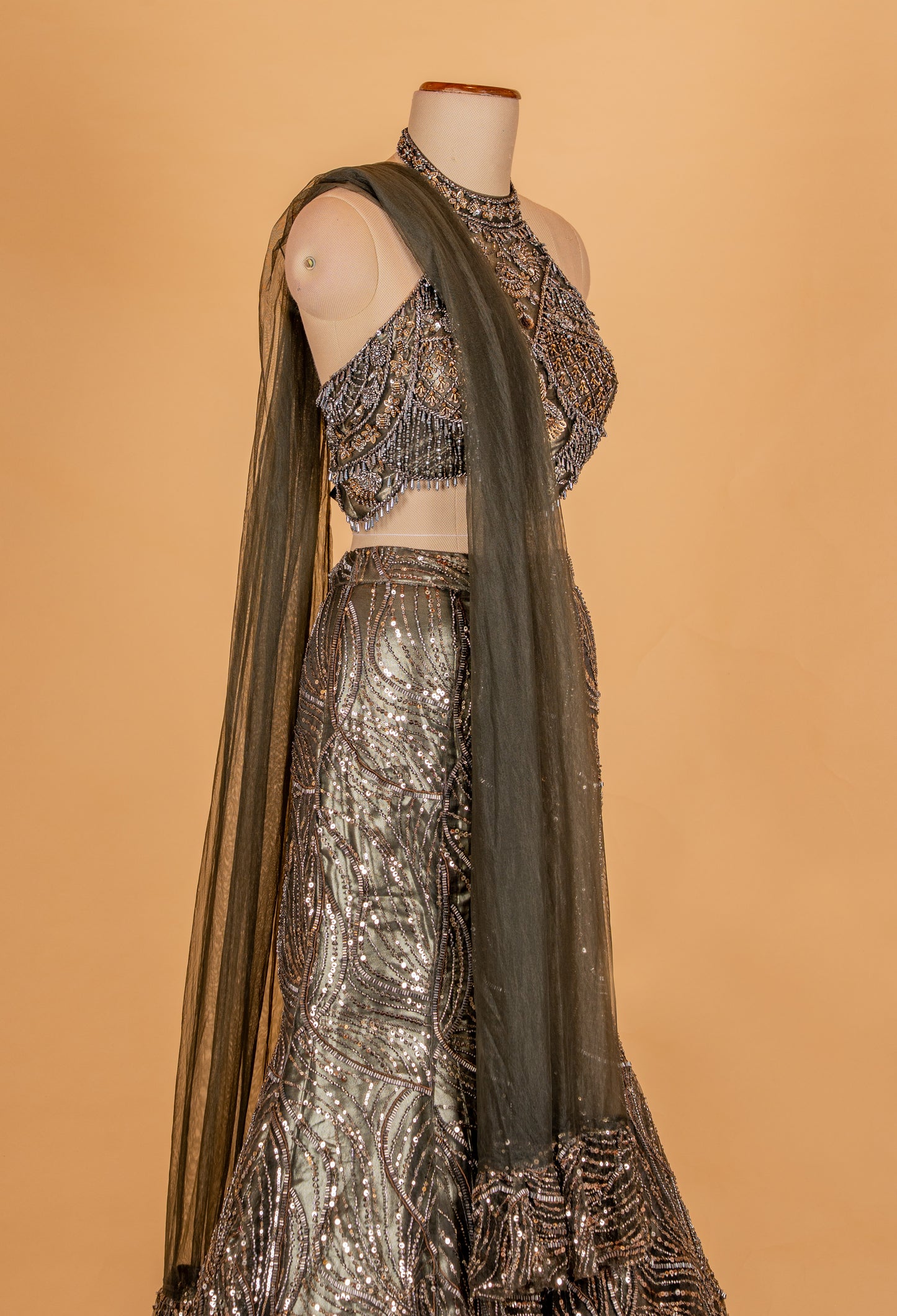 Olive Green Sequin Embroidered Lehenga Choli with Net Dupatta – Designer Cocktail & Party Wear for Women