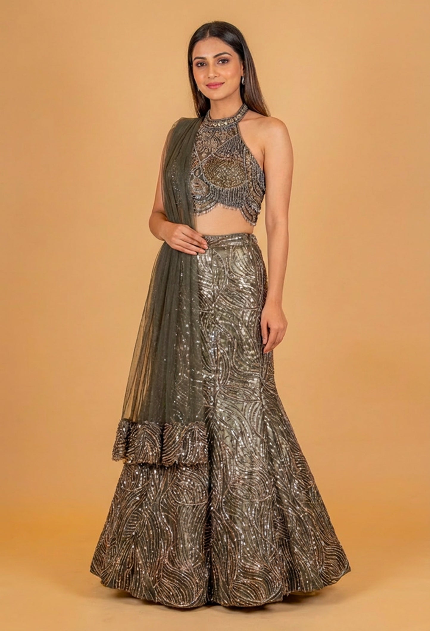 Olive Green Sequin Embroidered Lehenga Choli with Net Dupatta – Designer Cocktail & Party Wear for Women