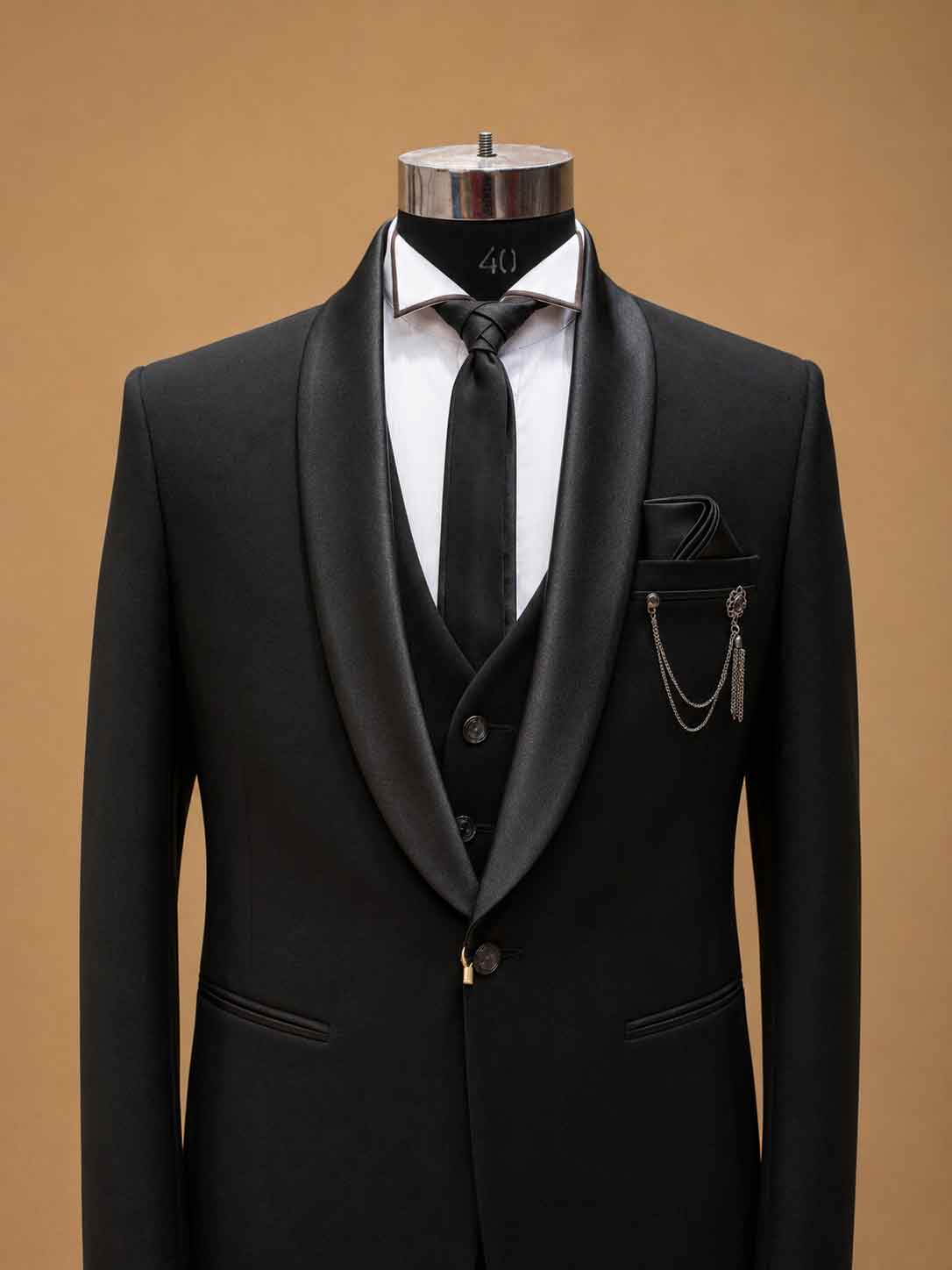 Luxury Black Three-Piece Tuxedo Suit for Men with Satin Shawl Lapel | Premium Wedding, Reception & Black-Tie Formal Wear