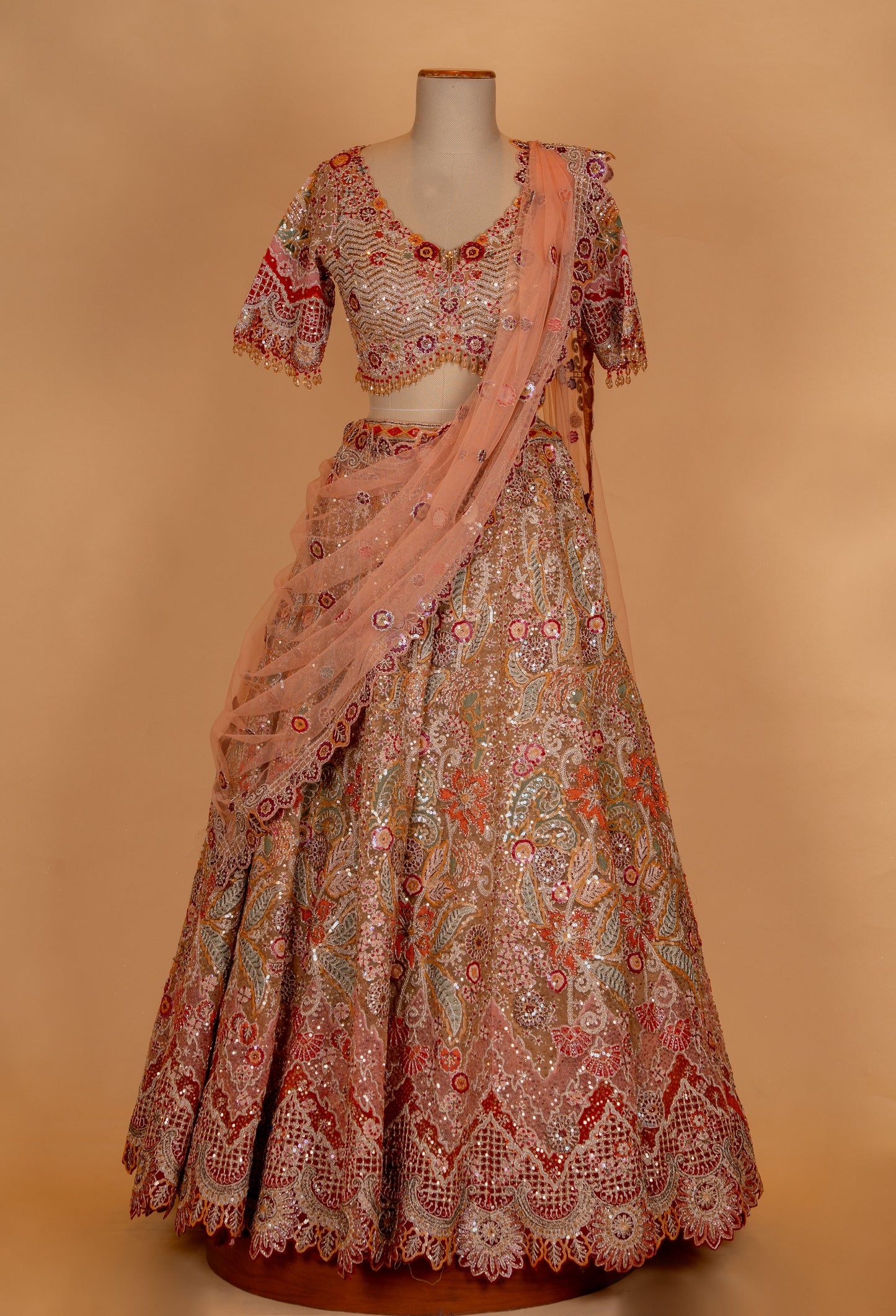 Peach Embroidered Bridal Lehenga Set with Heavy Sequin Work & Net Dupatta