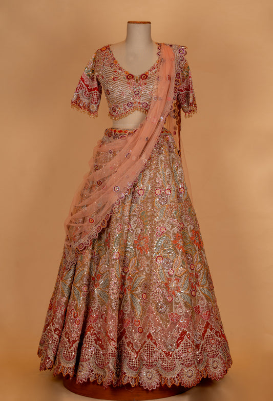 Peach heavy embroidered bridal lehenga set with net dupatta – product image 2