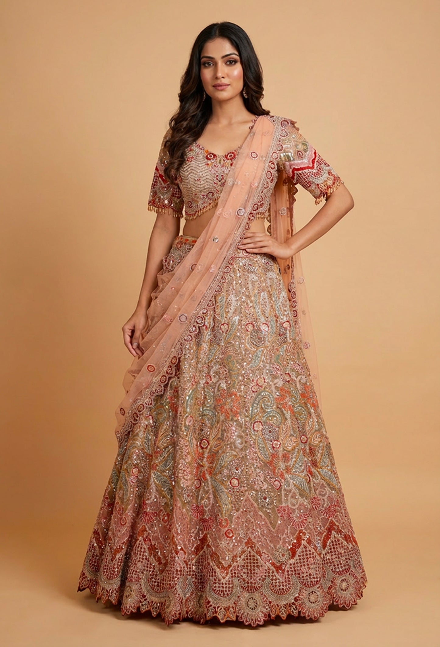 Peach Embroidered Bridal Lehenga Set with Heavy Sequin Work & Net Dupatta