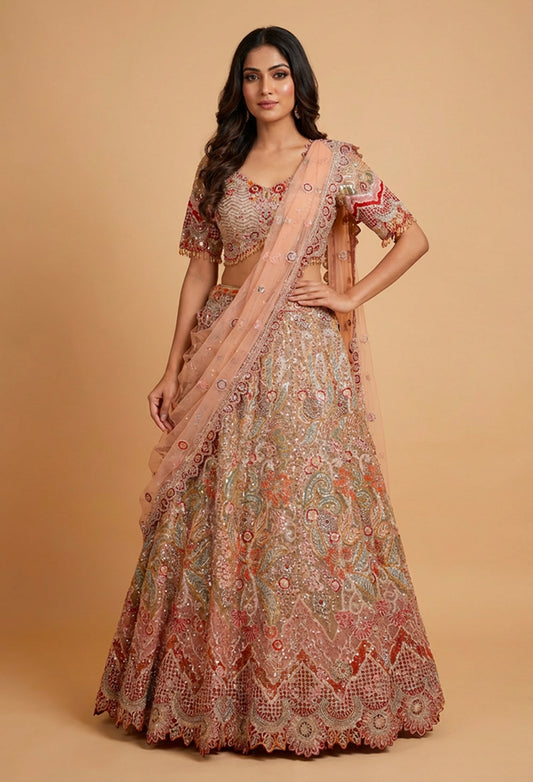 Peach Embroidered Bridal Lehenga Set with Heavy Sequin Work & Net Dupatta