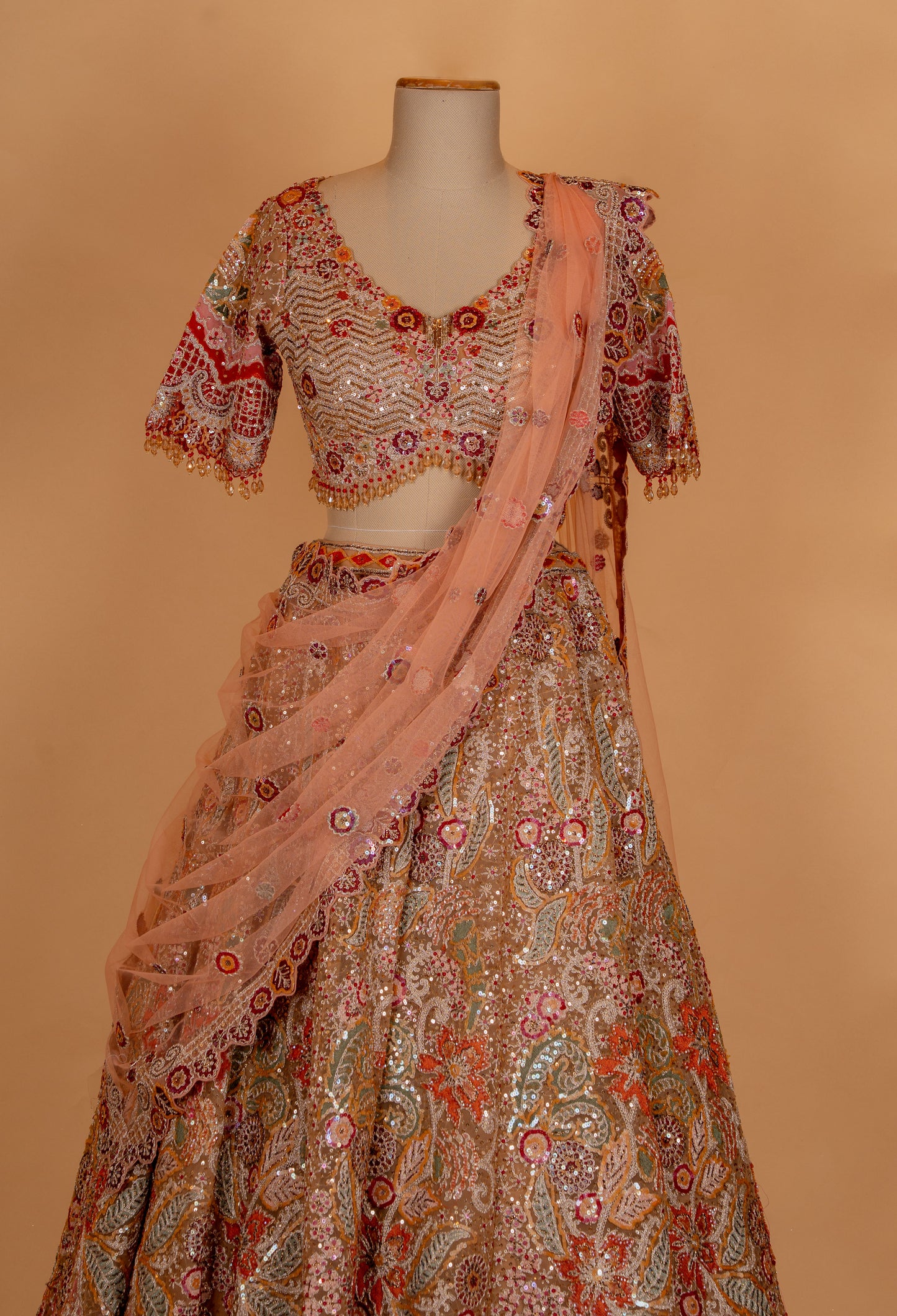 Peach Embroidered Bridal Lehenga Set with Heavy Sequin Work & Net Dupatta