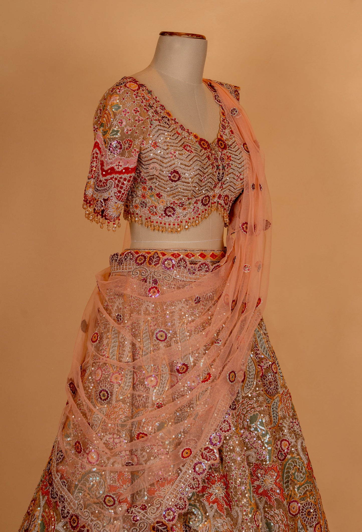 Peach Embroidered Bridal Lehenga Set with Heavy Sequin Work & Net Dupatta