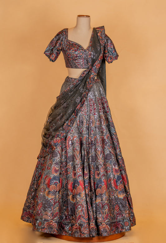 Charcoal grey multicolor embroidered designer lehenga - view 2