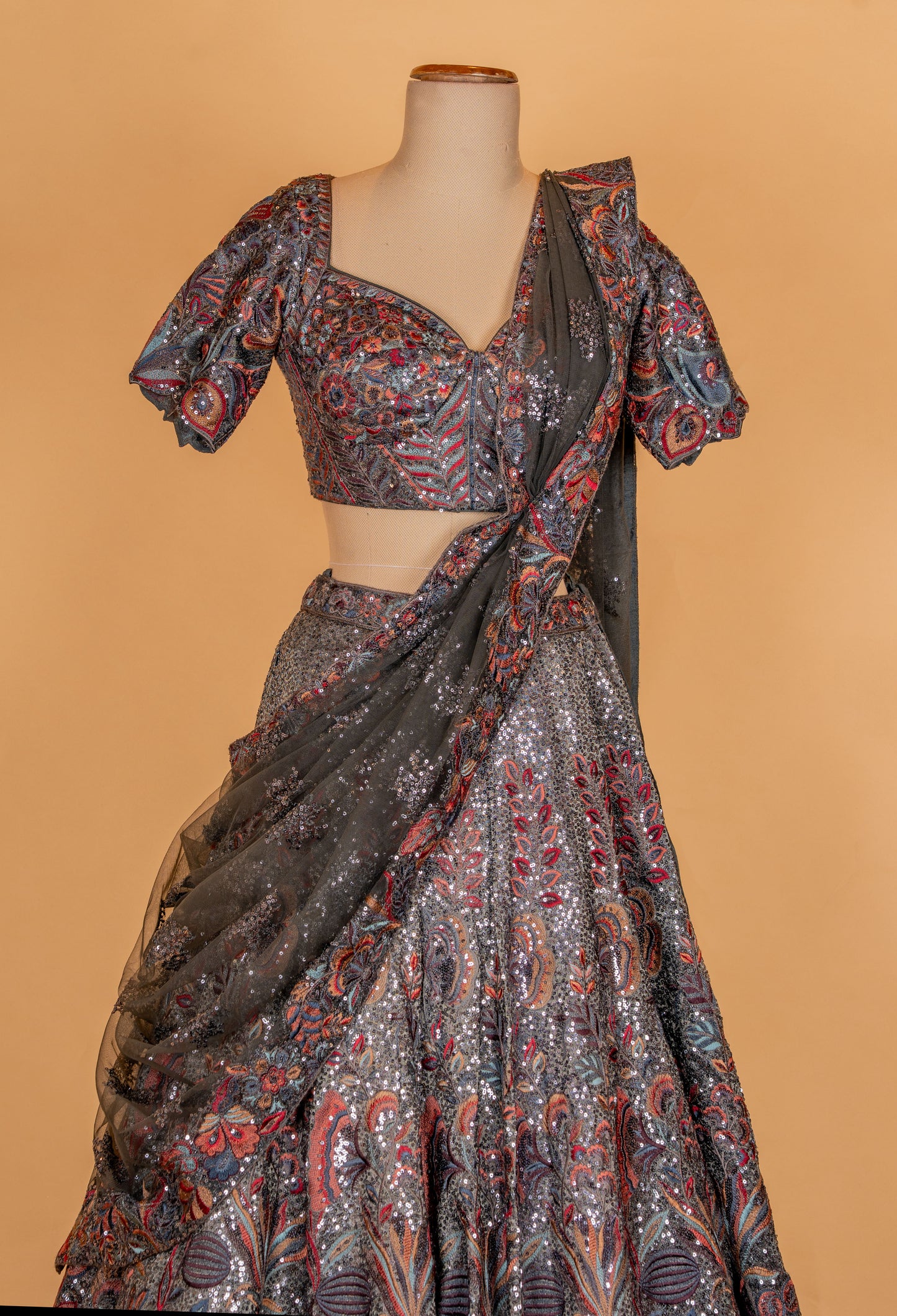 Charcoal Grey Multicolor Embroidered Designer Lehenga Set with Net Dupatta