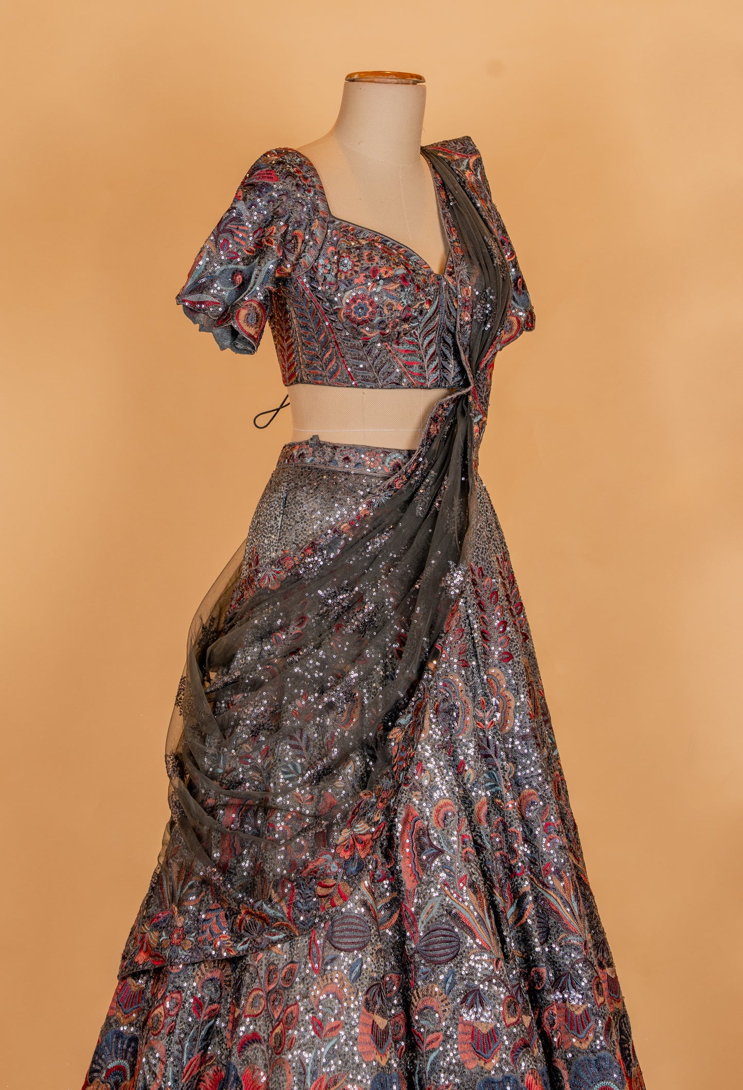 Charcoal Grey Multicolor Embroidered Designer Lehenga Set with Net Dupatta
