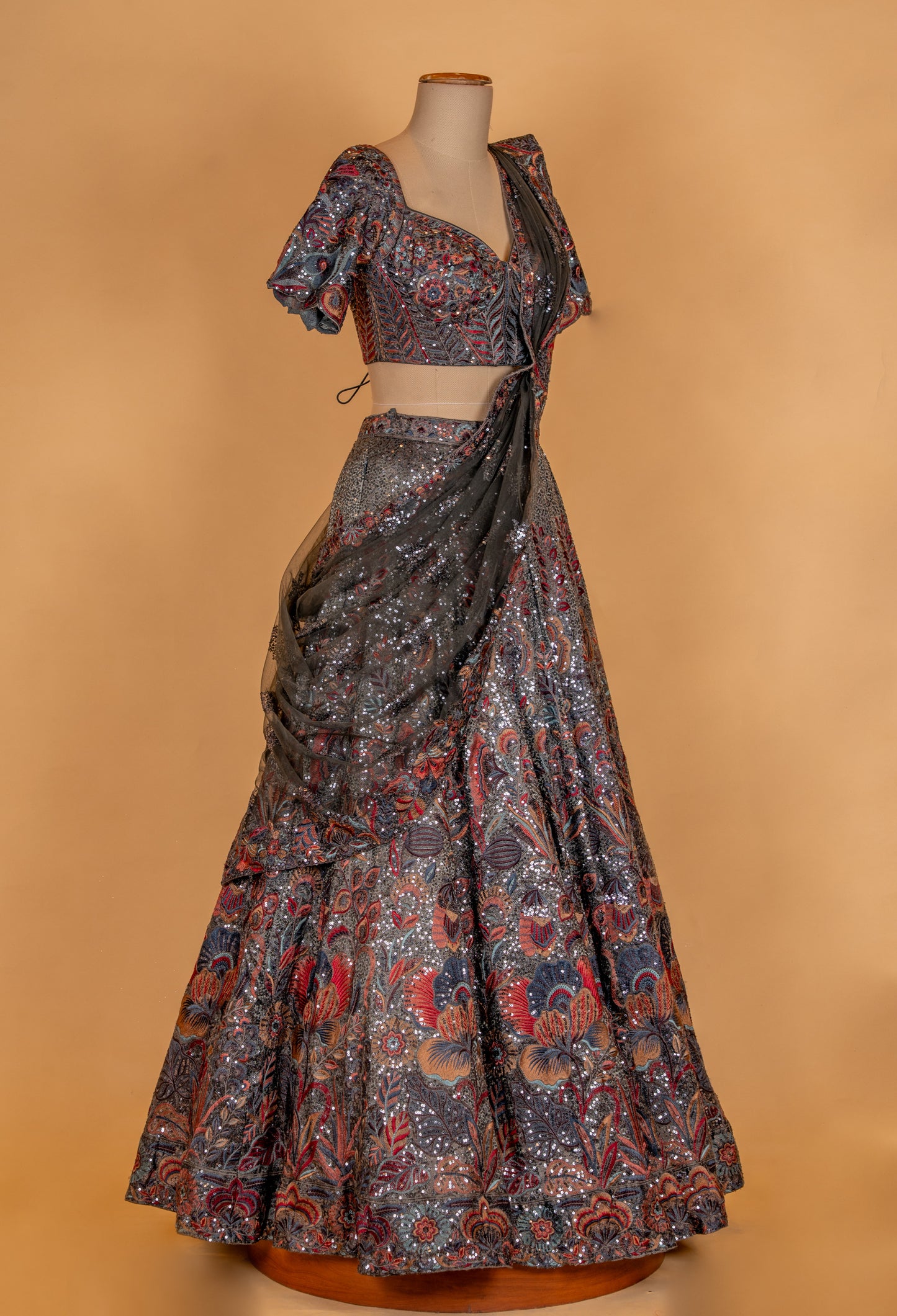 Charcoal Grey Multicolor Embroidered Designer Lehenga Set with Net Dupatta