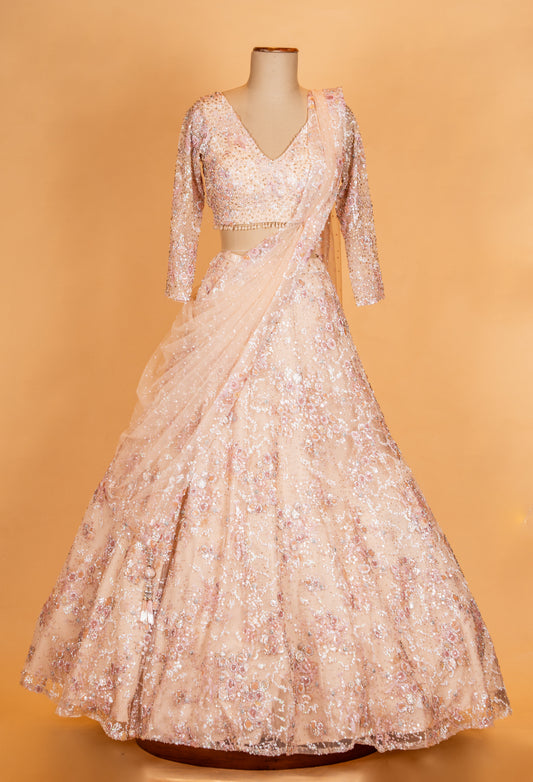 Champagne gold sequin embroidered designer lehenga set with net dupatta – product image 2
