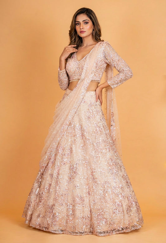 Champagne Gold Sequin Embroidered Designer Lehenga Set with Net Dupatta