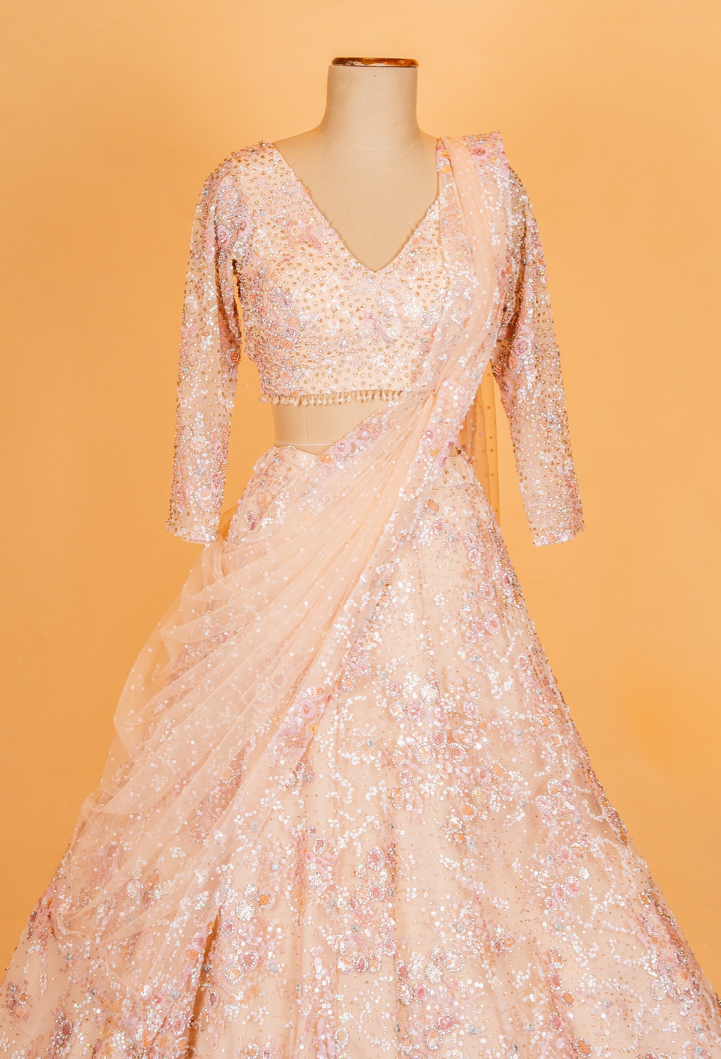 Champagne Gold Sequin Embroidered Designer Lehenga Set with Net Dupatta