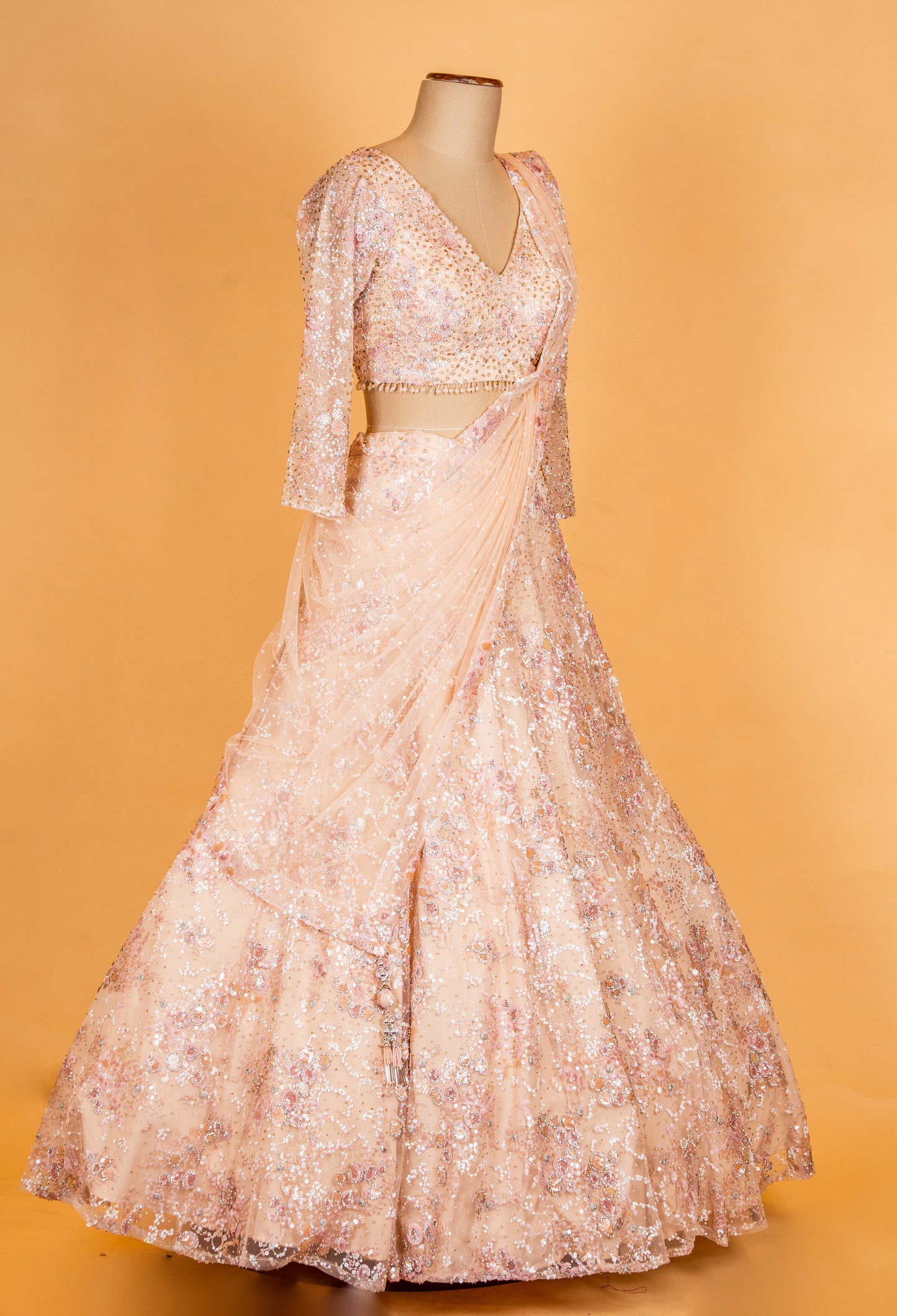 Champagne Gold Sequin Embroidered Designer Lehenga Set with Net Dupatta