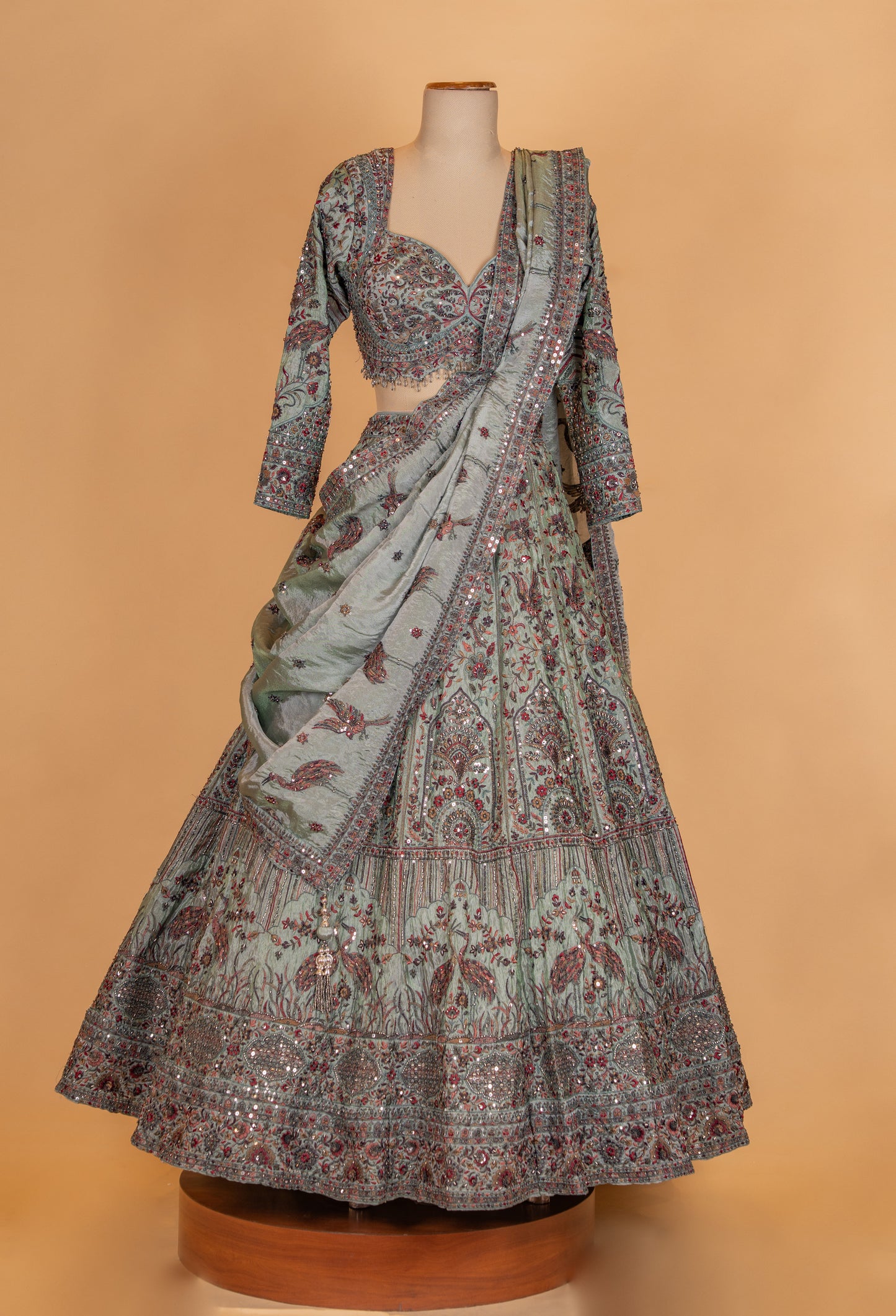 Sage Green Embroidered Designer Lehenga Set with Sequin Work & Draped Dupatta