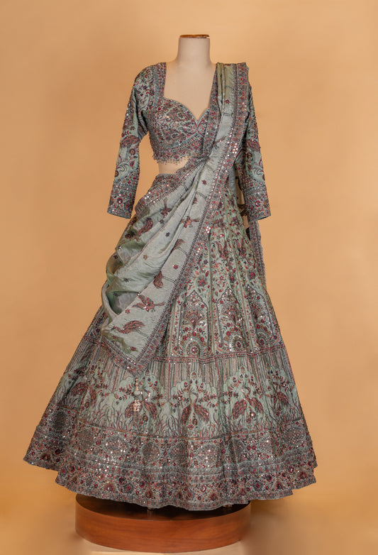 Sage green embroidered designer lehenga set with draped dupatta – product image 2