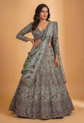 Sage Green Embroidered Designer Lehenga Set with Sequin Work & Draped Dupatta