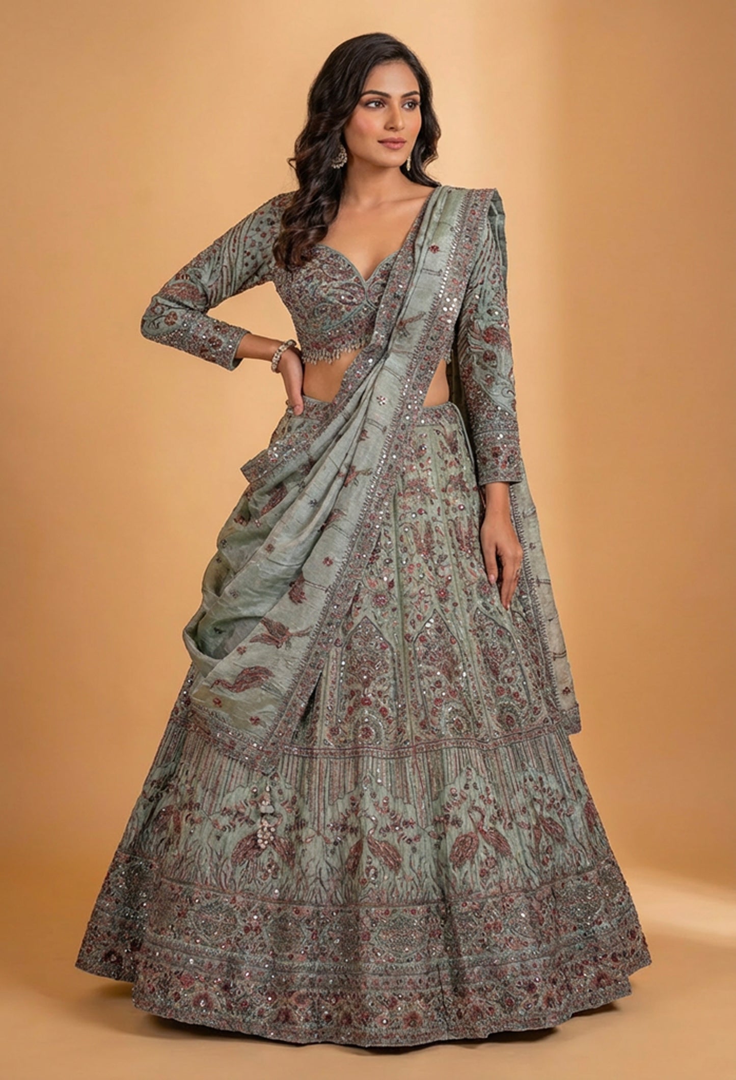 Sage Green Embroidered Designer Lehenga Set with Sequin Work & Draped Dupatta