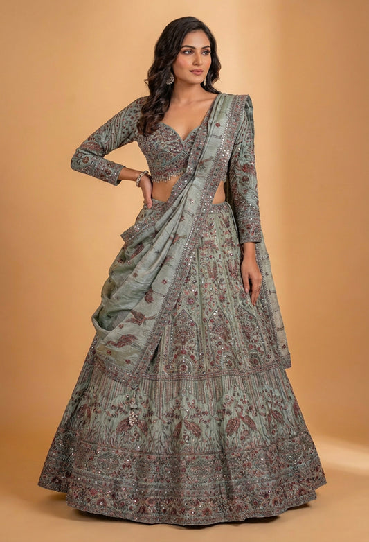 Sage Green Embroidered Designer Lehenga Set with Sequin Work & Draped Dupatta