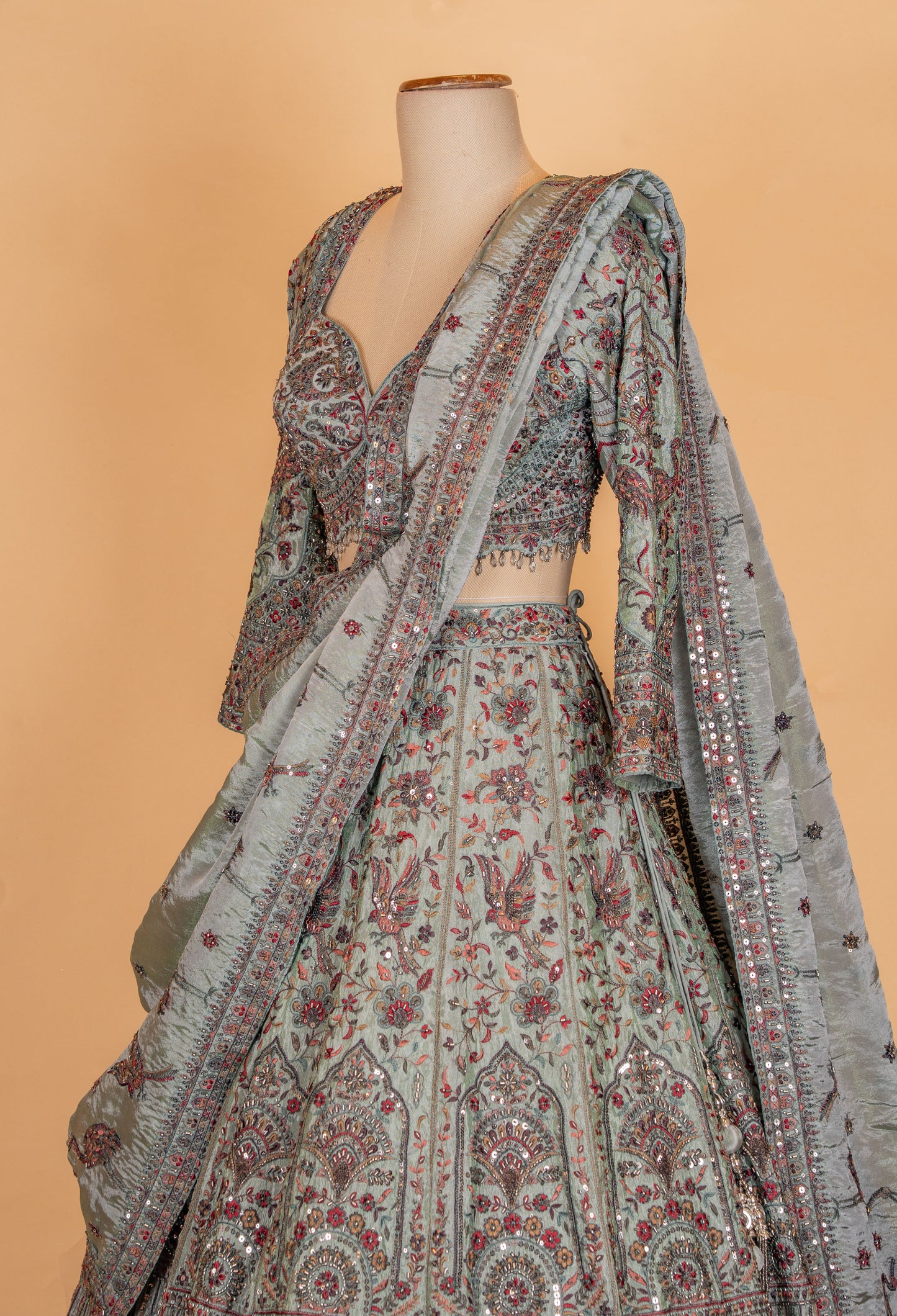 Sage Green Embroidered Designer Lehenga Set with Sequin Work & Draped Dupatta