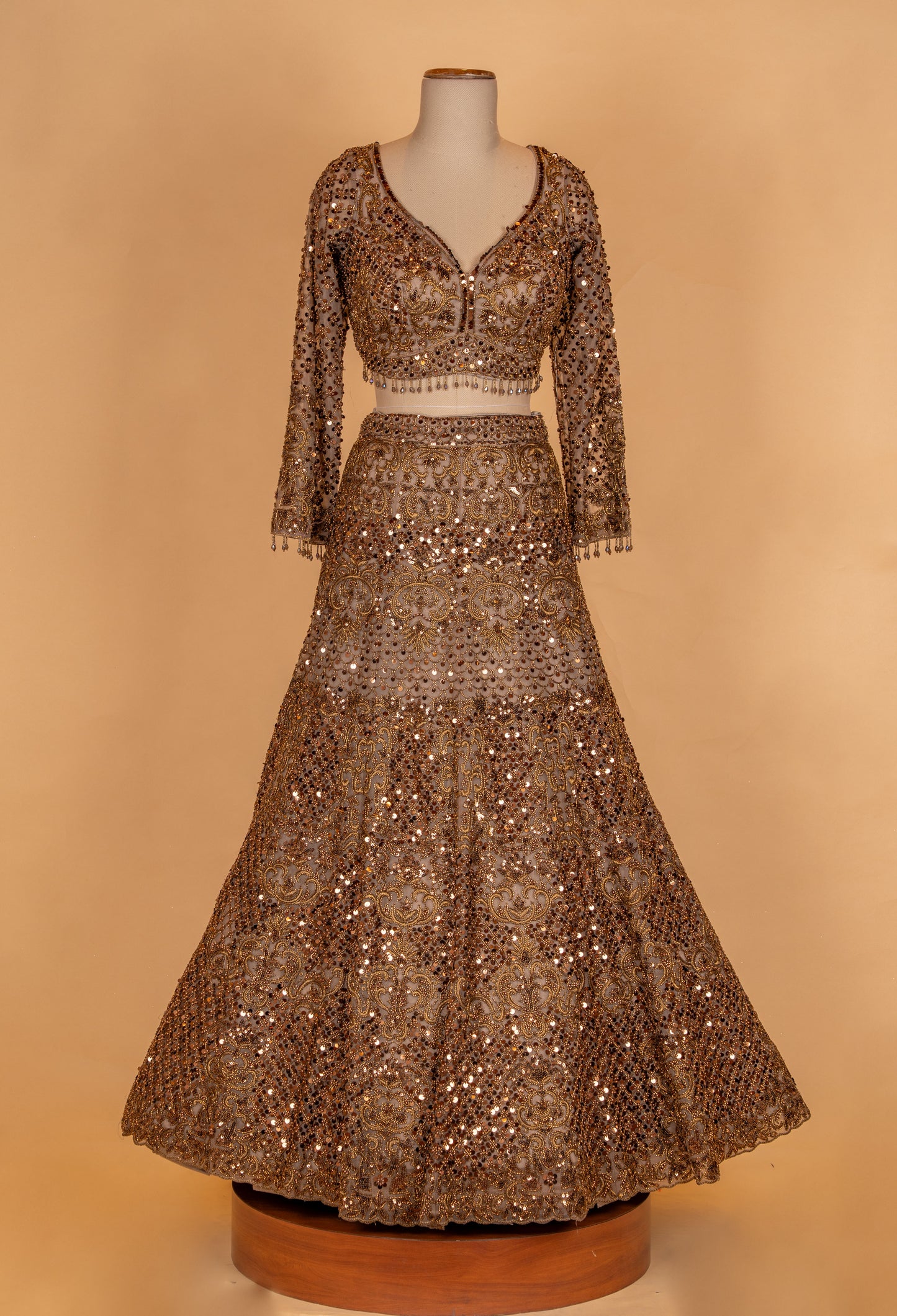 Champagne Gold Heavy Embroidered Bridal Lehenga Set with Sequin Net Dupatta