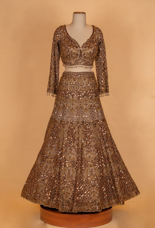 Champagne gold heavy embroidered bridal lehenga - view 2