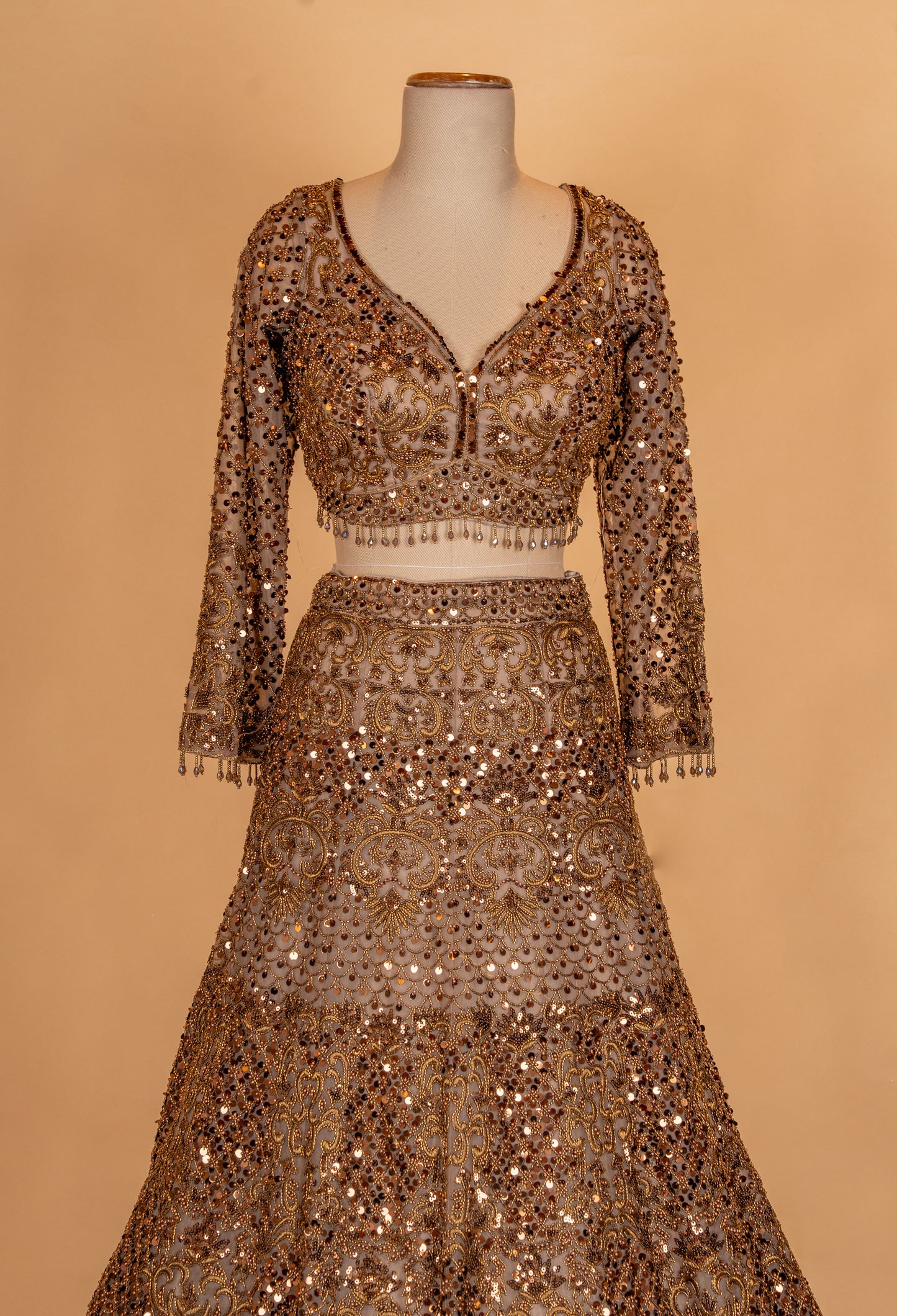 Champagne Gold Heavy Embroidered Bridal Lehenga Set with Sequin Net Dupatta