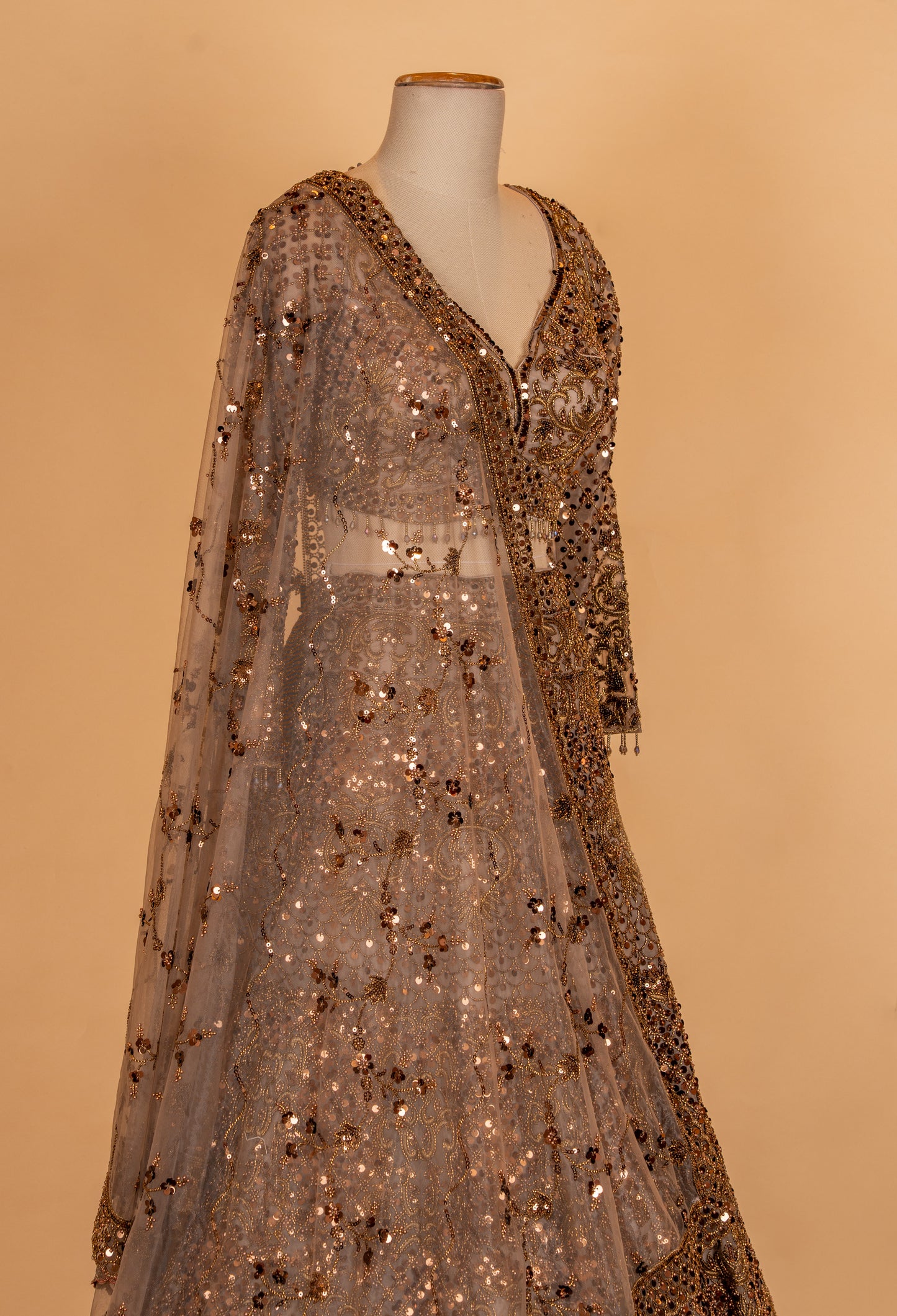 Champagne Gold Heavy Embroidered Bridal Lehenga Set with Sequin Net Dupatta