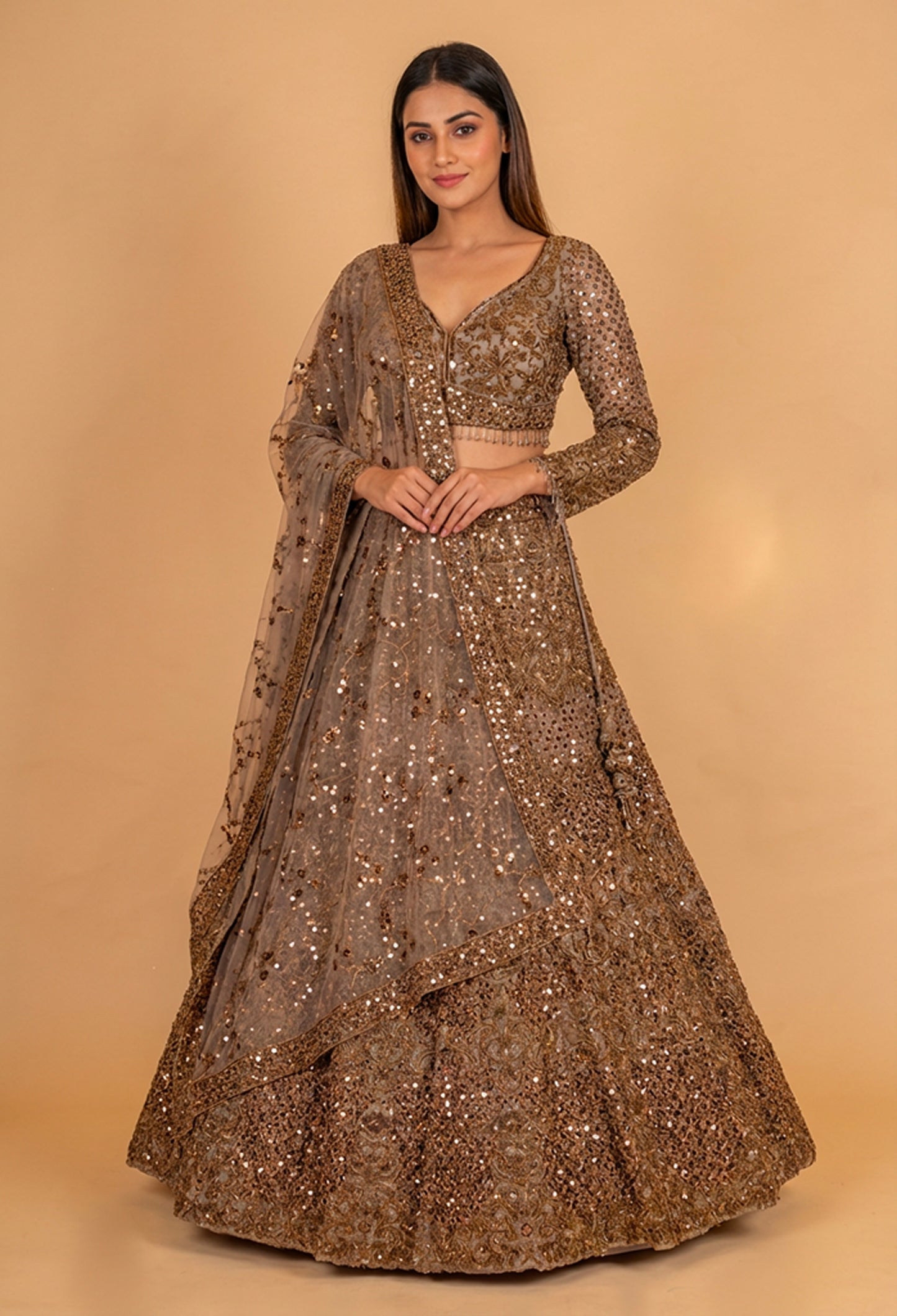 Champagne Gold Heavy Embroidered Bridal Lehenga Set with Sequin Net Dupatta
