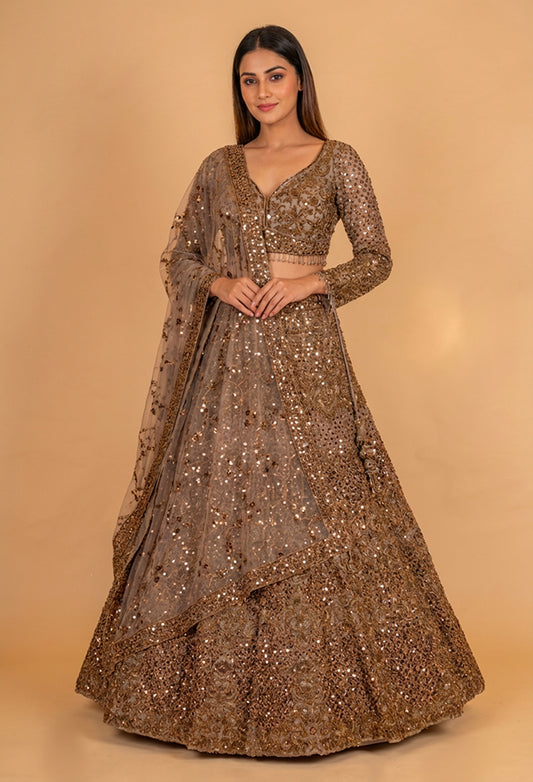 Champagne Gold Heavy Embroidered Bridal Lehenga Set with Sequin Net Dupatta