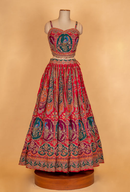 Red and teal heavy embroidered bridal lehenga set with net dupatta – product image 2