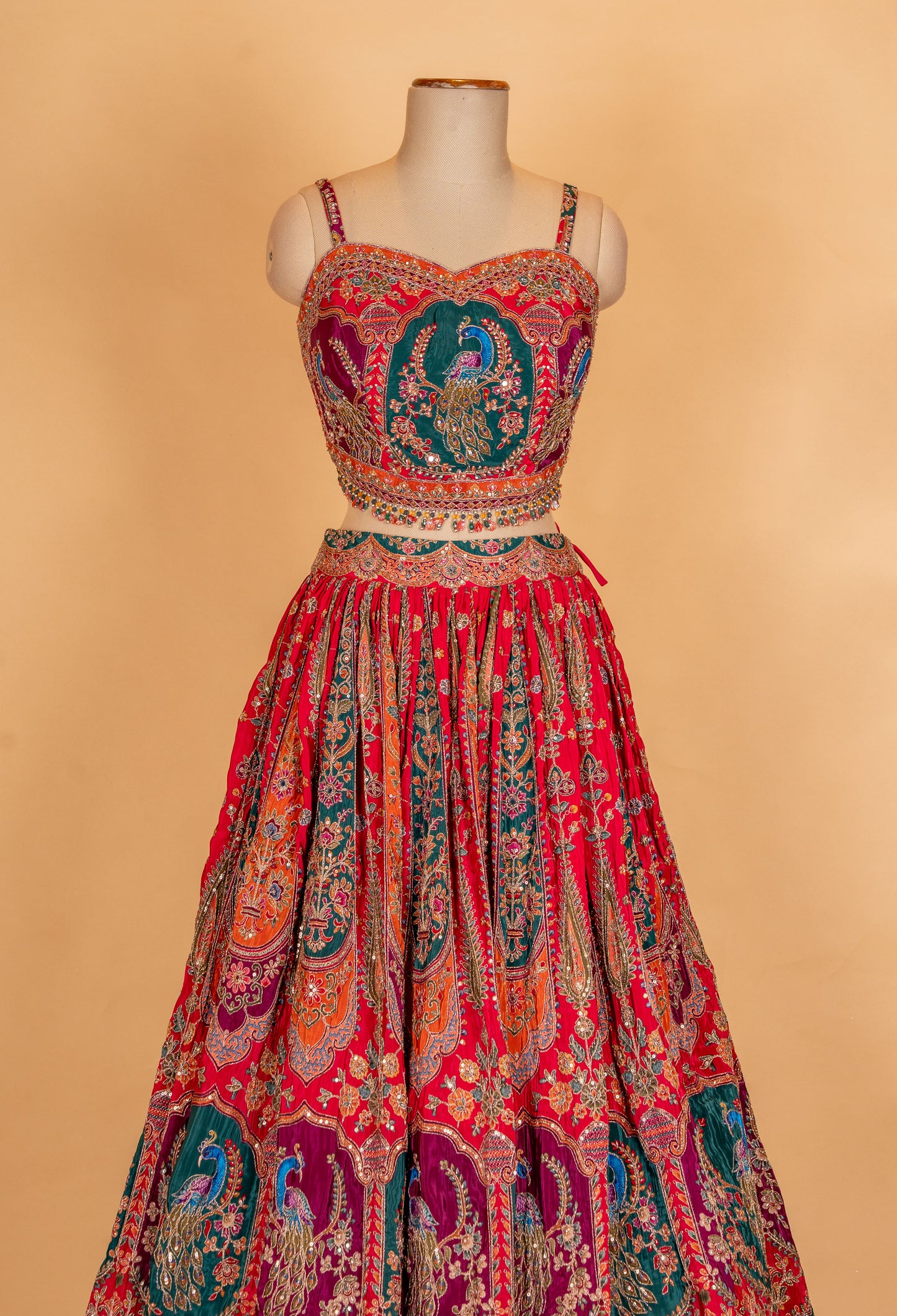 Red & Teal Designer Bridal Lehenga Set with Heavy Embroidery & Net Dupatta